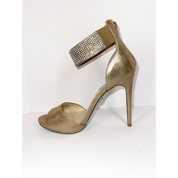 Betsey Johnson Formal Heels Rhinestone Ankle Strap Stiletto Gold Prom Wedding 9M - Picture 10 of 15